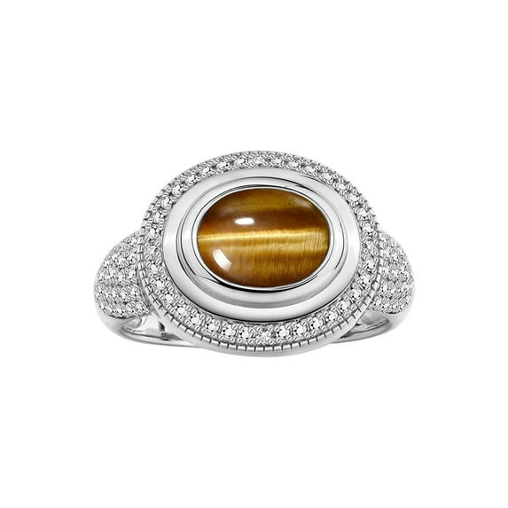 RYLOS Rings for Women Sterling Silver Ring Classic 9X7MM Oval Gemstone & Diamonds November Tiger Eye Jewelry Size 11.5