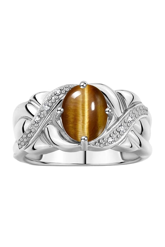 Rings for Women Sterling Silver Ring Classic 9X7MM Oval Gemstone & Diamonds November Tiger Eye Jewelry Size 11
