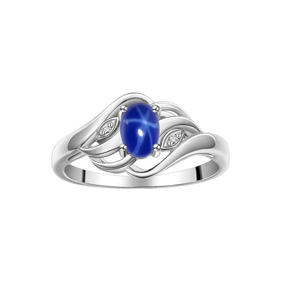 RYLOS Rings for Women Sterling Silver Ring Classic Style Birthstone Ring 6X4MM Gemstone & Diamonds Blue Star Sapphire Jewelry for Women Size 7