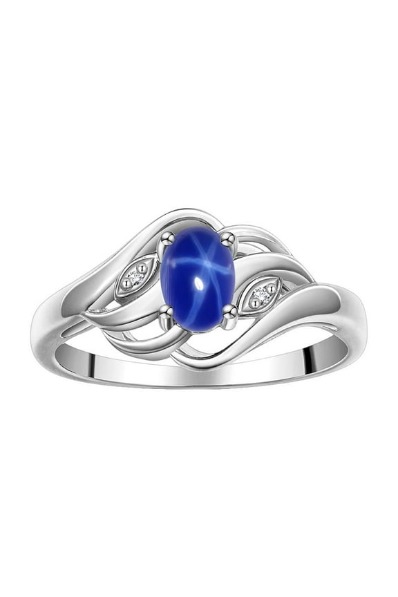Rings for Women Sterling Silver Ring Classic Style Birthstone Ring 6X4MM Gemstone &  Diamonds Blue Star Sapphire Jewelry for Women Size 8