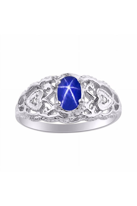 Rings for Women Sterling Silver Ring Filigree Heart Birthstone Ring 6X4MM Gemstone & Diamonds Blue Star Sapphire Jewelry for Women Size 8