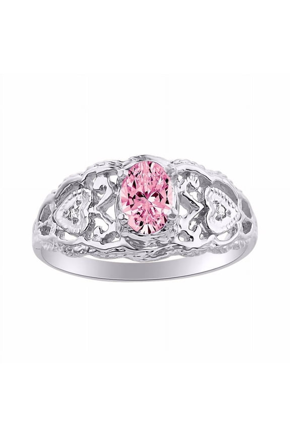 Rings for Women Sterling Silver Ring Filigree Heart Birthstone Ring 6X4MM Gemstone & Diamonds October Pink Ice Jewelry for Women Size 5