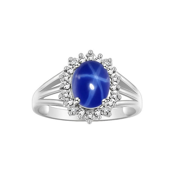 RYLOS Rings for Women Sterling Silver Ring Princess Diana Inspired 9X7MM Gemstone & Halo of Diamonds Blue Star Sapphire Jewelry for Women Size 6