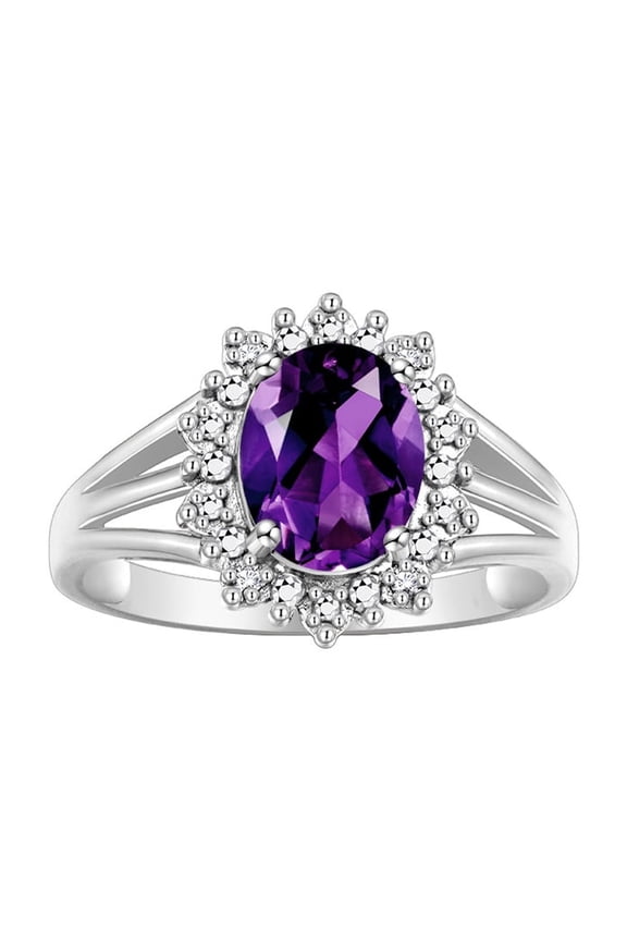 Rings for Women Sterling Silver Ring Princess Diana Inspired 9X7MM Gemstone & Halo of Diamonds February Amethyst Jewelry for Women Size 5