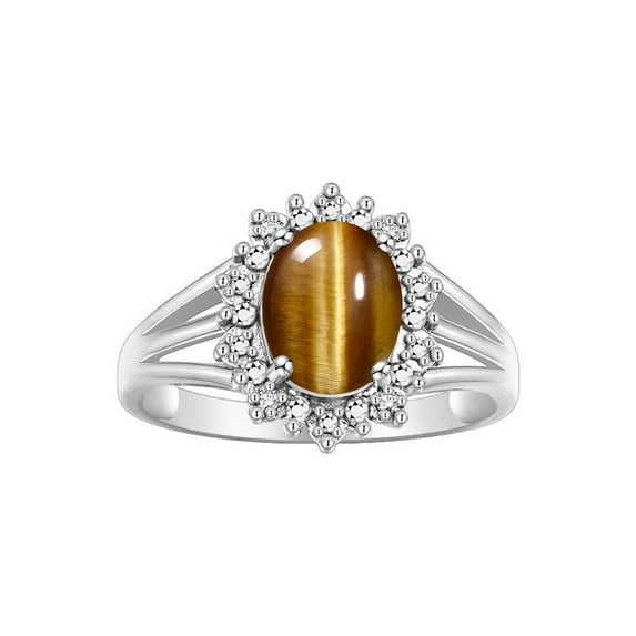 RYLOS Rings for Women Sterling Silver Ring Princess Diana Inspired 9X7MM Gemstone & Halo of Diamonds November Tiger Eye Jewelry for Women Size 9