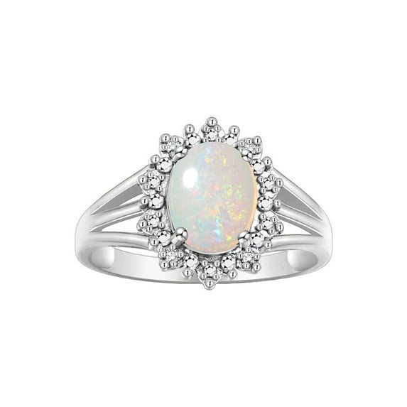 RYLOS Rings for Women Sterling Silver Ring Princess Diana Inspired 9X7MM Gemstone & Halo of Diamonds October Opal African Jewelry for Women Size 5