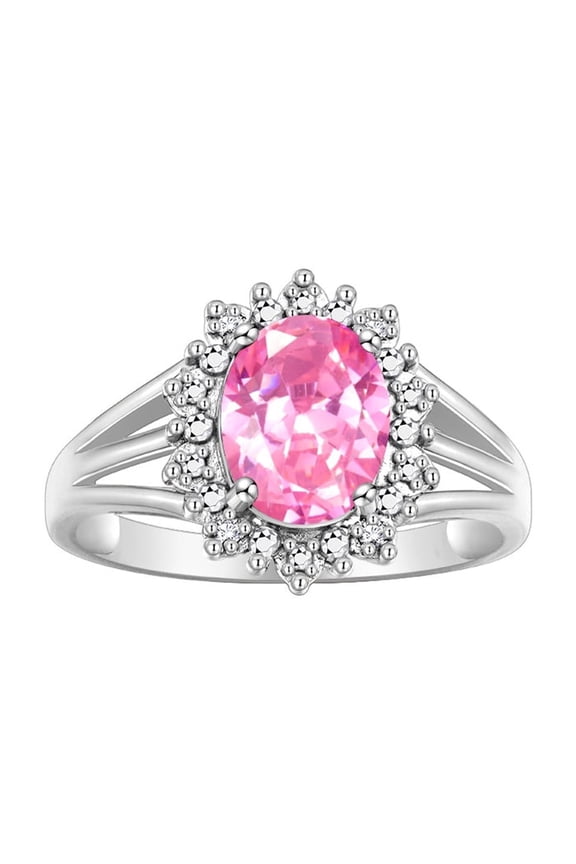 Rings for Women Sterling Silver Ring Princess Diana Inspired 9X7MM Gemstone & Halo of  Diamonds October Pink Ice Jewelry for Women Size 6