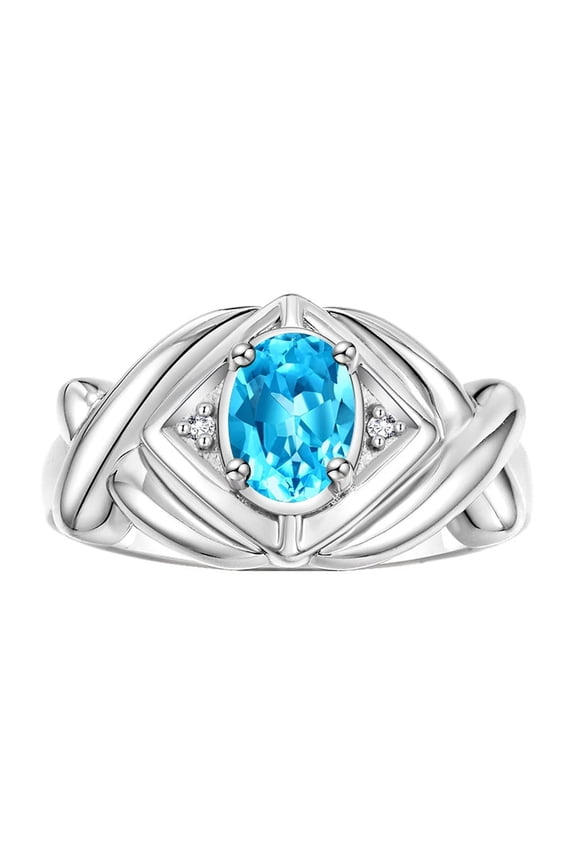 Rings for Women Sterling Silver Ring XOXO Hugs & Kisses 7X5MM Gemstone & Diamond December Blue Topaz Jewelry Size 7