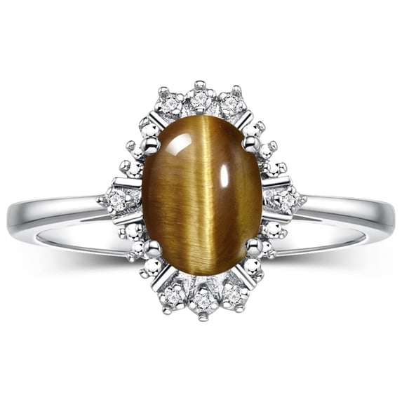 RYLOS Rings for Women 14K White Gold Ring with 7X5MM Oval Gemstone & Sparkling Diamonds November Tiger Eye Jewelry Size 6
