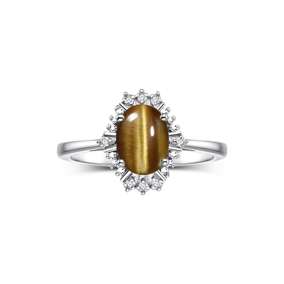 RYLOS Rings for Women 14K White Gold Ring with 7X5MM Oval Gemstone & Sparkling Diamonds November Tiger Eye Jewelry Size 6