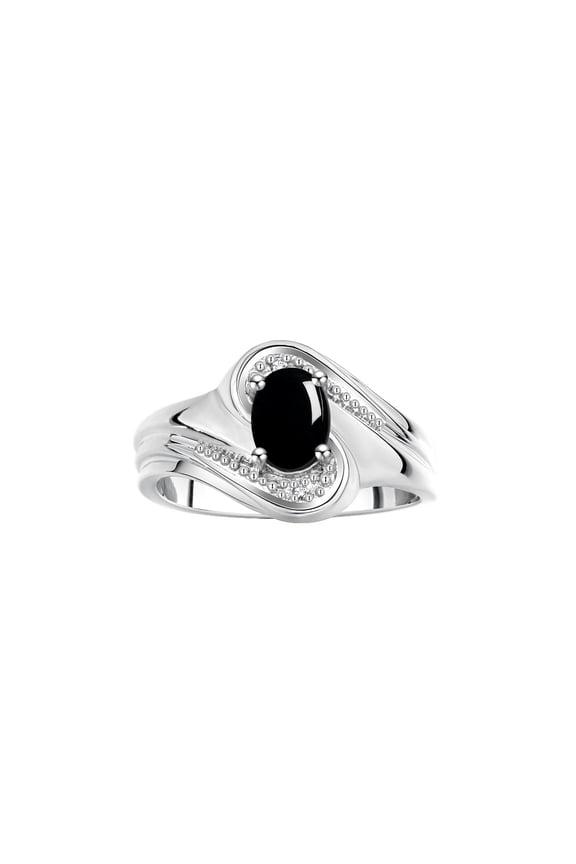 Rings for Women Silver Swirl Ring with 7X5MM Oval Gemstone & Diamond Ring Cabochon Onyx Jewelry Size 7