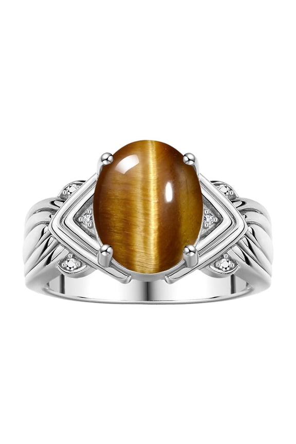 Rings for Women Sterling Silver Ring 12X10MM Gemstone &  Diamonds Great Ring for Middle or Pointer Finger Tiger Eye Jewelry  Size 8
