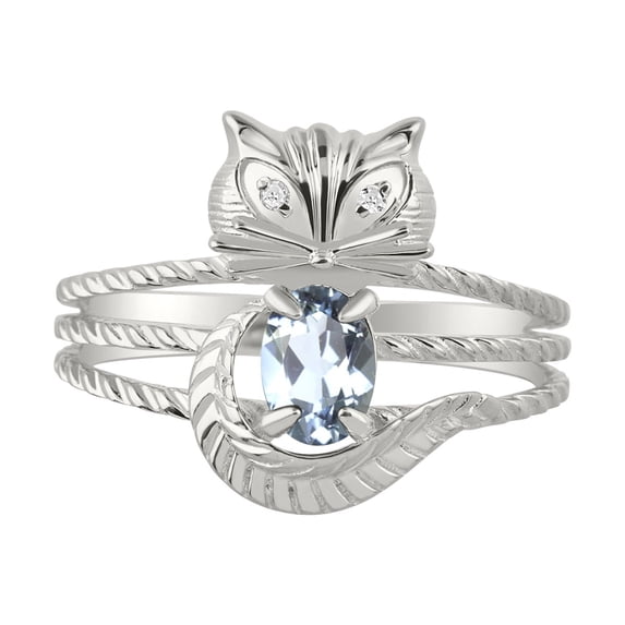 *RYLOS Simply Fun CAT Aquamarine & Diamond Ring - March Birthstone. Great Ring for Pinky, Middle or Pointer Finger.*
