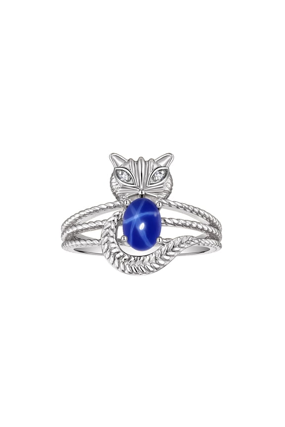 *RYLOS Simply Fun CAT Blue Star Sapphire & Diamond Ring - September Birthstone. Great Ring for Pinky, Middle or Pointer Finger.*
