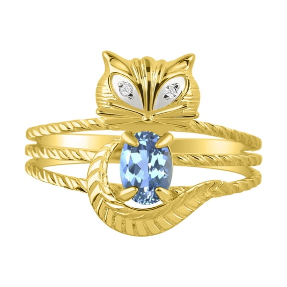 *RYLOS Simply Fun CAT Blue Topaz & Diamond Ring - December Birthstone. Great Ring for Pinky, Middle or Pointer Finger.*