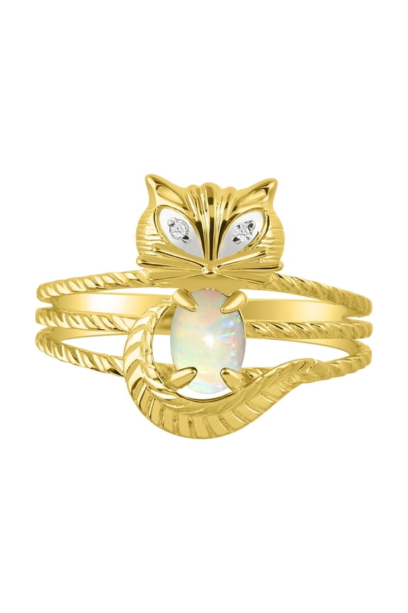 *RYLOS Simply Fun CAT Opal & Diamond Ring - October Birthstone. Great Ring for Pinky, Middle or Pointer Finger.*