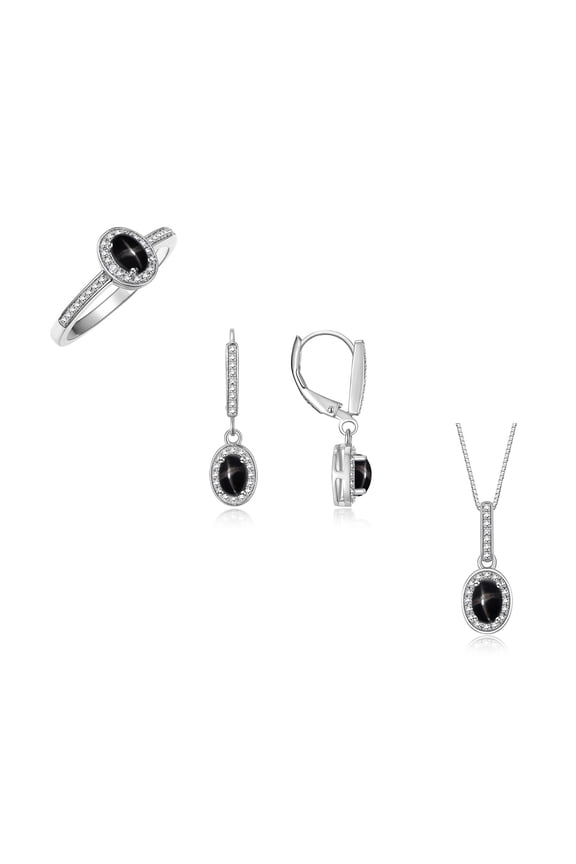 Sterling Silver Halo Designer Jewelry Ring, Earrings & Necklace Gemstone &  Diamonds 6X4MM Black Star Sapphire March Birthstone; Size 6
