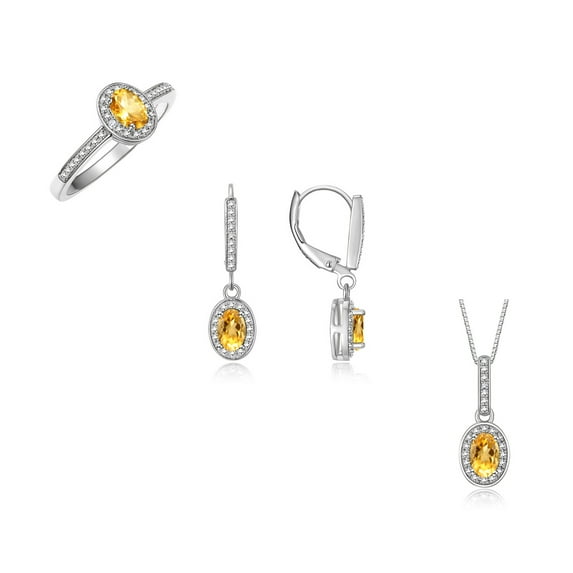 RYLOS Sterling Silver Halo Designer Jewelry Ring, Earrings & Necklace Gemstone & Diamonds 6X4MM Citrine Yellow Topaz November Birthstone; Size 9