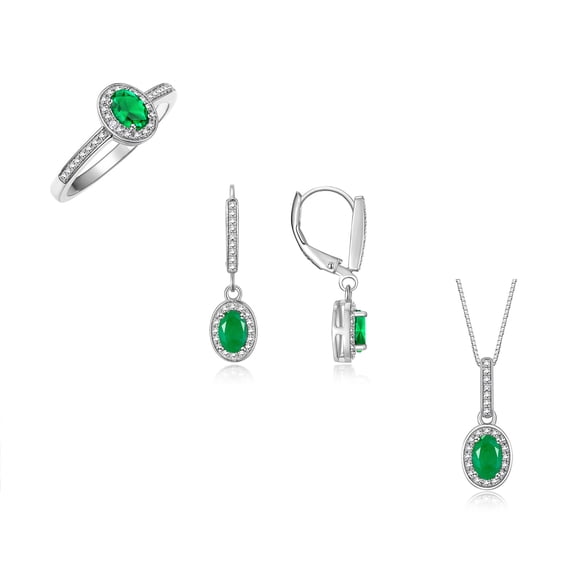 RYLOS Sterling Silver Halo Designer Set: Ring, Earring & Pendant Necklace. Gemstone & Diamonds, 6X4MM Emerald May Birthstone; Size 6