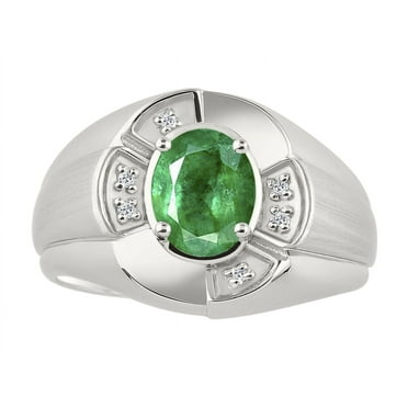 RYLOS Sterling Silver Ring 8X6MM Oval Gemstone & Diamond Unisex Rings Emerald May Birthstone Ring Size 8