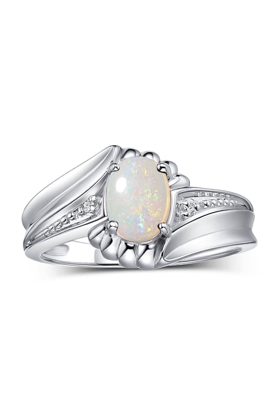 Rings for Women Sterling Silver Swirl Z Ring 7X5MM Oval Gemstone & Diamond Rings October Opal Jewelry Size 5