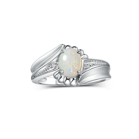RYLOS Rings for Women 14K White Gold Swirl Z Ring 7X5MM Oval Gemstone & Diamond Rings Exotic Opal African Jewelry Size 8