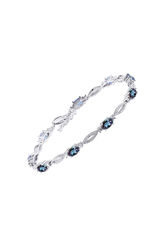 Tennis Bracelet with 6x4MM Birthstone Gemstones & Diamonds Sterling Silver - Adjustable to 7-8" Alexandrite Jewelry for Women Friendship Bracelets