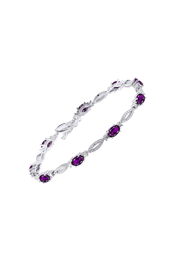 Tennis Bracelet with 6x4MM Birthstone Gemstones & Diamonds Sterling Silver  - Adjustable to 7-8" Amethyst Jewelry for Women Friendship Bracelets