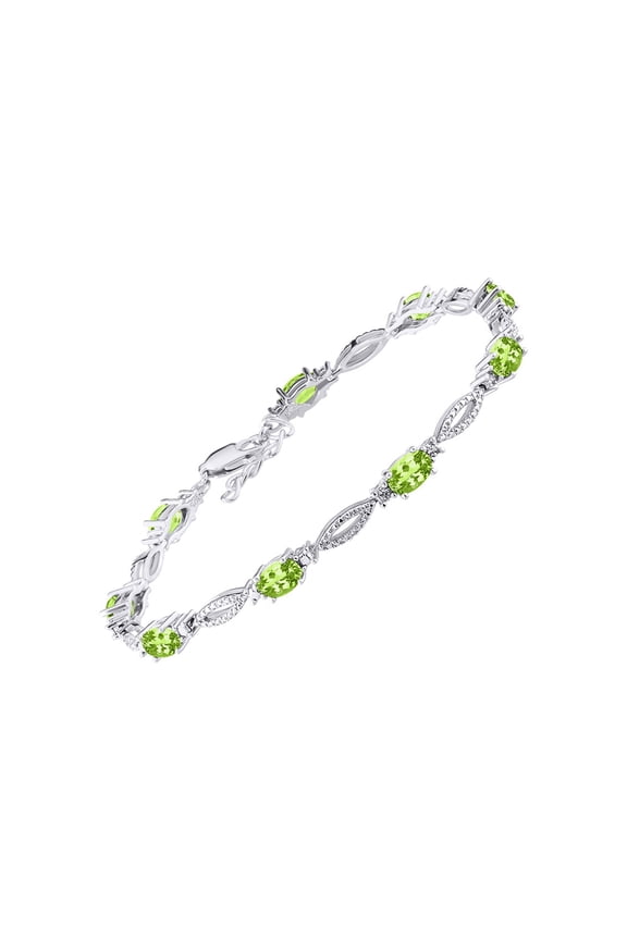 Tennis Bracelet with 6x4MM Birthstone Gemstones & Diamonds Sterling Silver - Adjustable to 7-8" Peridot Birthstone Jewelry for Women Friendship Bracelets