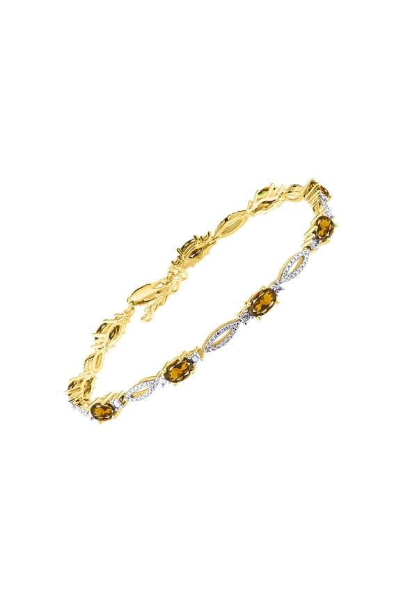 Tennis Bracelet with 6x4MM Birthstone Gemstones & Diamonds Yellow Gold Plated Silver - Adjustable to 7-8" Citrine Jewelry for Women Friendship Bracelets