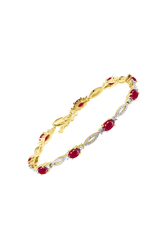 Tennis Bracelet with 6x4MM Birthstone Gemstones & Diamonds Yellow Gold Plated Silver - Adjustable to 7-8" Ruby Jewelry for Women Friendship Bracelets