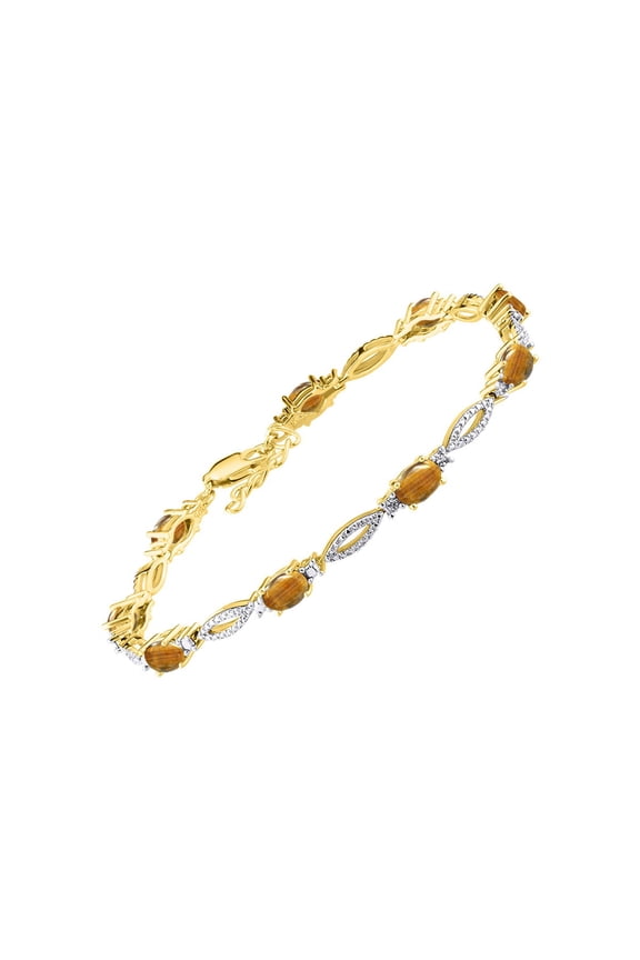 Tennis Bracelet with 6x4MM Birthstone Gemstones & Diamonds Yellow Gold Plated Silver - Adjustable to 7-8" Tiger Eye Jewelry for Women Friendship Bracelets