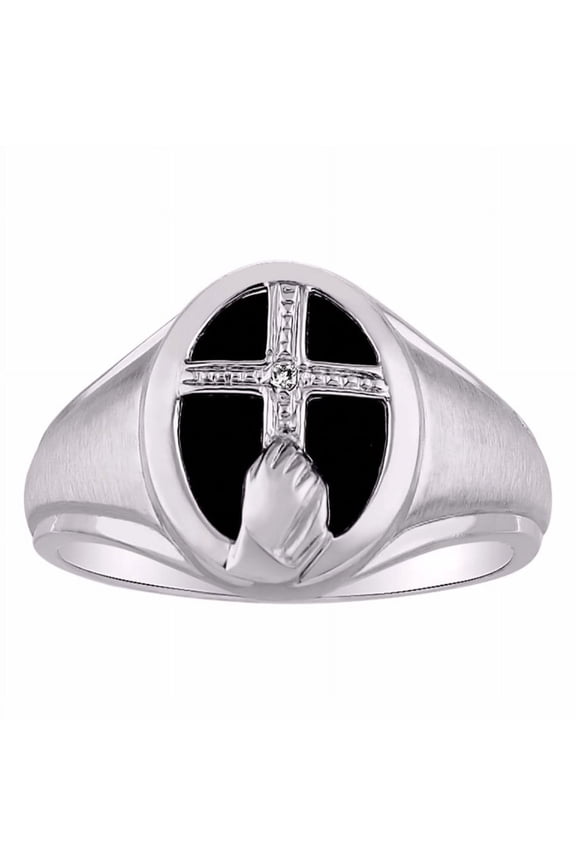 Unisex Rings 14K White Gold Religious Cross Prayer Ring With Diamonds & Black Onyx Designer Jewelry Size 13