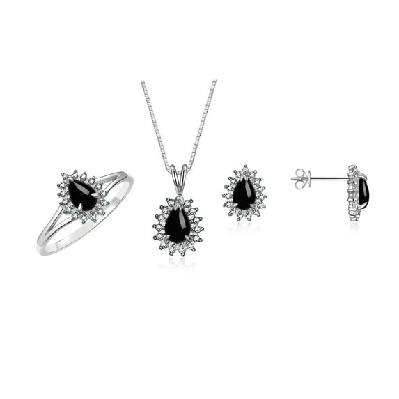 RYLOS Women's 14K White Gold Birthstone Set: Ring, Earring & Pendant Necklace. Gemstone & Diamonds, 6X4MM Cabochon Onyx October Birthstone. Perfectly Matching Gold Jewelry, Size 6
