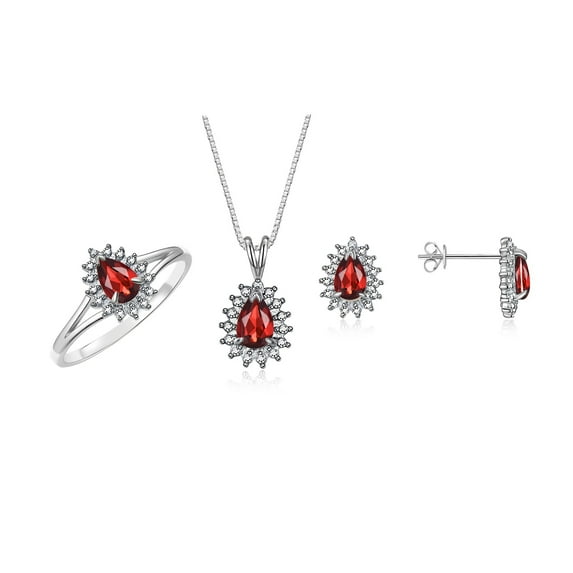 RYLOS Women's 14K White Gold Birthstone Set: Ring, Earring & Pendant Necklace. Gemstone & Diamonds, 6X4MM Garnet January Birthstone. Perfectly Matching Gold Jewelry, Size 9