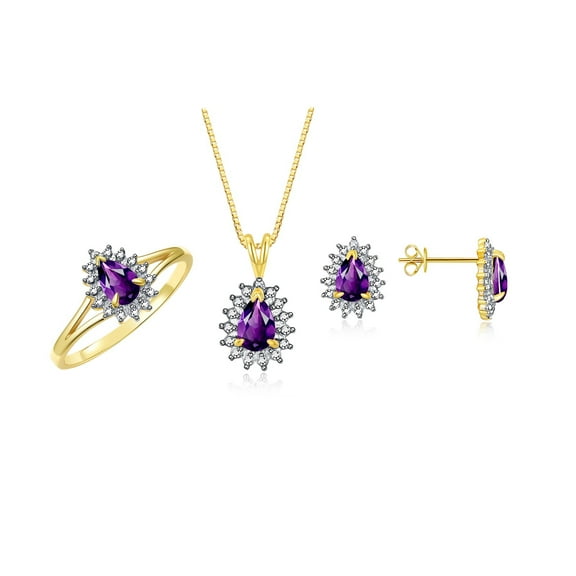 RYLOS Women's 14K Yellow Gold Birthstone Set: Ring, Earring & Pendant Necklace. Gemstone & Diamonds, 6X4MM Amethyst February Birthstone. Perfectly Matching Gold Jewelry, Size 5