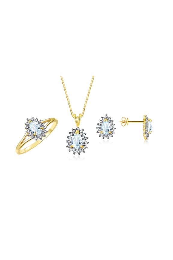 Women's 14K Yellow Gold Birthstone Set: Ring, Earring & Pendant Necklace. Gemstone & Diamonds, 6X4MM Aquamarine March Birthstone. Perfectly Matching Gold Jewelry, Size 10