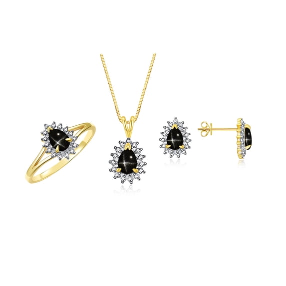 RYLOS Women's 14K Yellow Gold Birthstone Set: Ring, Earring & Pendant Necklace. Gemstone & Diamonds, 6X4MM Black Star Sapphire Birthstone. Perfectly Matching Gold Jewelry, Size 7