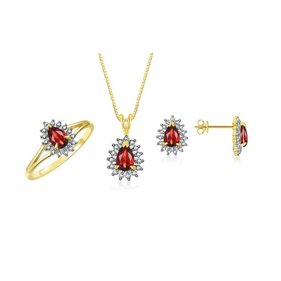 RYLOS Women's 14K Yellow Gold Birthstone Set: Ring, Earring & Pendant Necklace. Gemstone & Diamonds, 6X4MM Garnet January Birthstone. Perfectly Matching Gold Jewelry, Size 5
