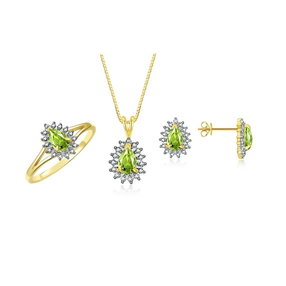 RYLOS Women's 14K Yellow Gold Birthstone Set: Ring, Earring & Pendant Necklace. Gemstone & Diamonds, 6X4MM Peridot August Birthstone. Perfectly Matching Gold Jewelry, Size 9