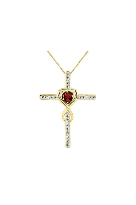 Women's 14K Yellow Gold Heart Gemstone & Diamond Cross Necklace. 6MM Garnet January Birthstone Womens Jewelry Gold Necklace