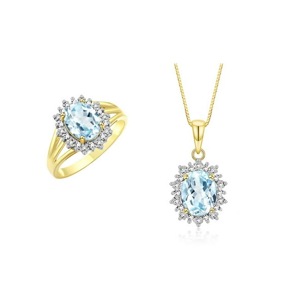 RYLOS Women's 14K Yellow Gold Princess Diana Inspired Ring & Necklace W/ 18" Chain Gemstone & Diamonds 9X7MM Aquamarine March Birthstone . 2 PC Perfectly Matched Gold Jewelry Ring Size 9