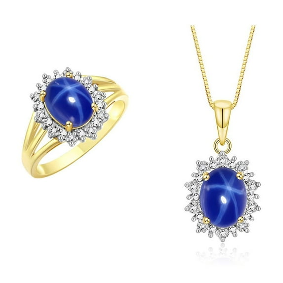 RYLOS Women's 14K Yellow Gold Princess Diana Inspired Ring & Necklace W/ 18" Chain Gemstone & Diamonds 9X7MM Blue Star Sapphire Birthstone . 2 PC Perfectly Matched Gold Jewelry Ring Size 10