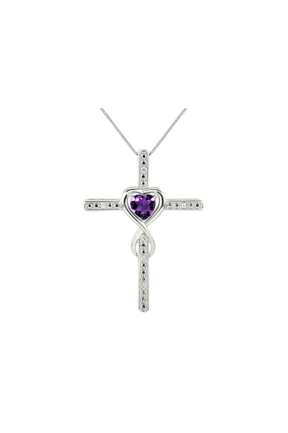 Women's Sterling Silver 925 Heart Gemstone & Diamond Cross Necklace. 6MM Amethyst February Birthstone Womens Jewelry Silver Necklace