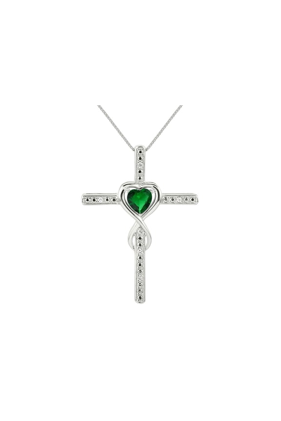 Women's Sterling Silver 925 Heart Gemstone & Diamond Cross Necklace. 6MM  Emerald May Birthstone Womens Jewelry Silver Necklace