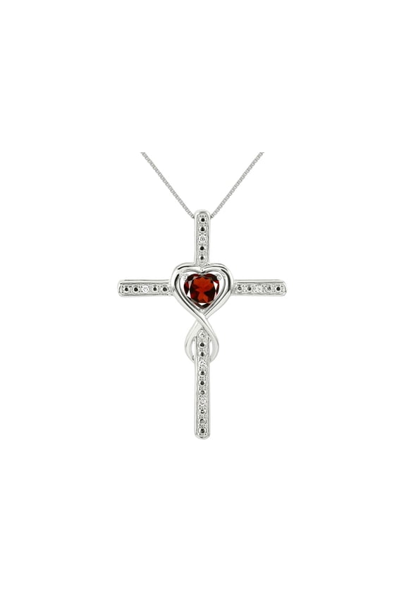 Women's Sterling Silver 925 Heart Gemstone & Diamond Cross Necklace. 6MM Garnet January Birthstone Womens Jewelry Silver Necklace