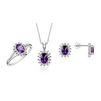 RYLOS Women's Sterling Silver Birthstone Set: Ring, Earring & Pendant Necklace. Gemstone & Diamonds, 6X4MM Amethyst February Birthstone. Perfectly Matching Friendship Jewelry Size 5