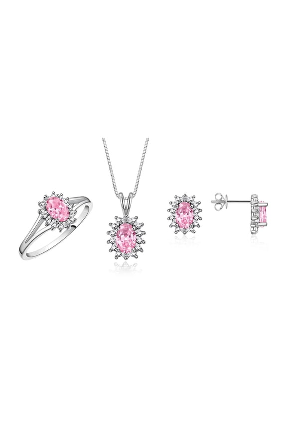 Women's Sterling Silver Birthstone Set: Ring, Earring & Pendant Necklace. Gemstone & Diamonds, 6X4MM Pink Ice October Birthstone. Perfectly Matching Friendship Jewelry Size 7