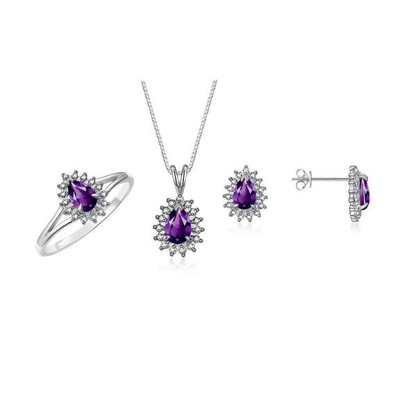 RYLOS Women's Sterling Silver Birthstone Set: Ring, Earring & Pendant Necklace. Gemstone & Diamonds, Pear Tear Drop Shape 6X4MM Amethyst February Birthstone. Exquisitely Matching Jewelry. Size 5