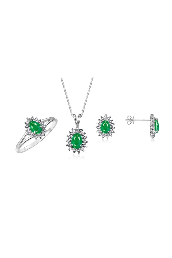 Women's Sterling Silver Birthstone Set: Ring, Earring & Pendant Necklace. Gemstone & Diamonds, Pear Tear Drop Shape 6X4MM Emerald May Birthstone. Exquisitely Matching Jewelry, Size 5
